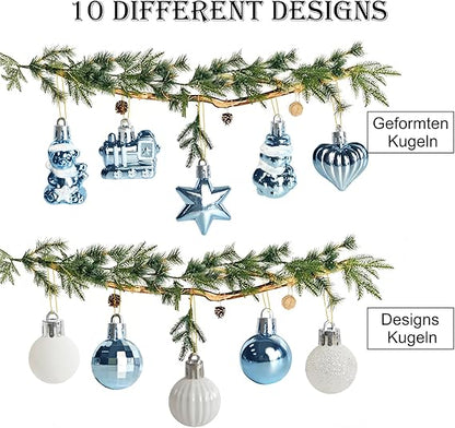 34 Stück Weihnachtskugeln mit Baumspitze Set,Ø3/4.5/5.5cm Kleine Christbaumkugeln Kunststoff Hellblau Weiß Kugeln Mini Weihnachten Weihnachtsdeko Tischdeko Tannenbaum Weihnachtsbaum Deko Ornamente