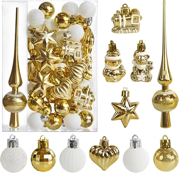 34 Stück Weihnachtskugeln mit Baumspitze Set,Ø3/4.5/5.5cm Kleine Christbaumkugeln Kunststoff Weiß Gold Kugeln Mini Weihnachten Weihnachtsdeko Tischdeko Tannenbaum Weihnachtsbaum Deko Ornamente