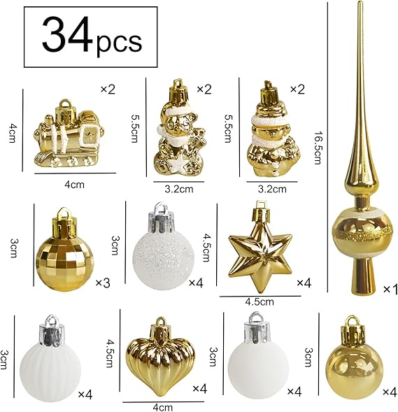 34 Stück Weihnachtskugeln mit Baumspitze Set,Ø3/4.5/5.5cm Kleine Christbaumkugeln Kunststoff Weiß Gold Kugeln Mini Weihnachten Weihnachtsdeko Tischdeko Tannenbaum Weihnachtsbaum Deko Ornamente