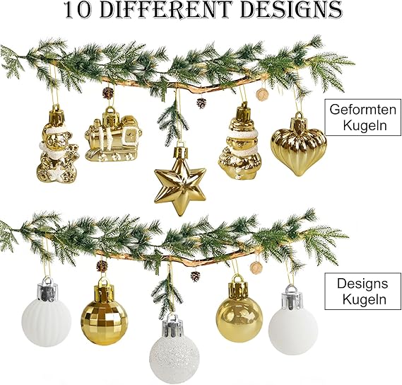 34 Stück Weihnachtskugeln mit Baumspitze Set,Ø3/4.5/5.5cm Kleine Christbaumkugeln Kunststoff Weiß Gold Kugeln Mini Weihnachten Weihnachtsdeko Tischdeko Tannenbaum Weihnachtsbaum Deko Ornamente