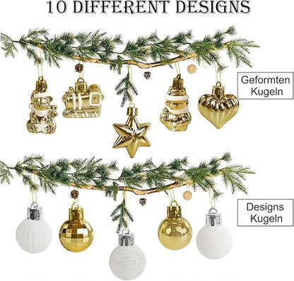 34 Stück Weihnachtskugeln mit Baumspitze Set,Ø3/4.5/5.5cm Kleine Christbaumkugeln Kunststoff Weiß Gold Kugeln Mini Weihnachten Weihnachtsdeko Tischdeko Tannenbaum Weihnachtsbaum Deko Ornamente