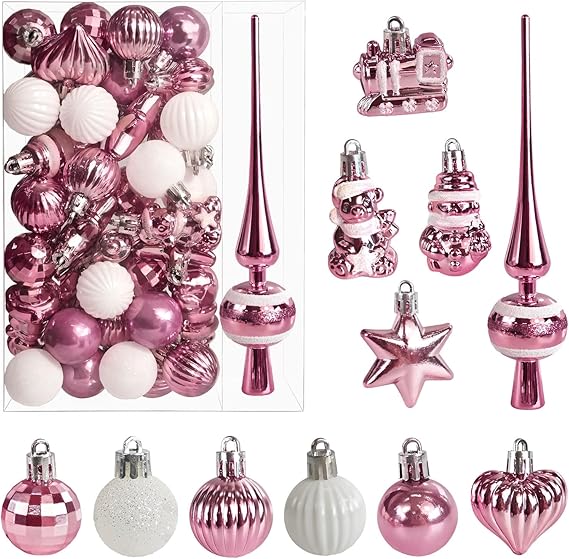 34 Stück Weihnachtskugeln mit Baumspitze Set,Ø3/4.5/5.5cm Kleine Christbaumkugeln Kunststoff Roségold Kugeln Mini Weihnachten Weihnachtsdeko Tischdeko Tannenbaum Weihnachtsbaum Deko Ornamente