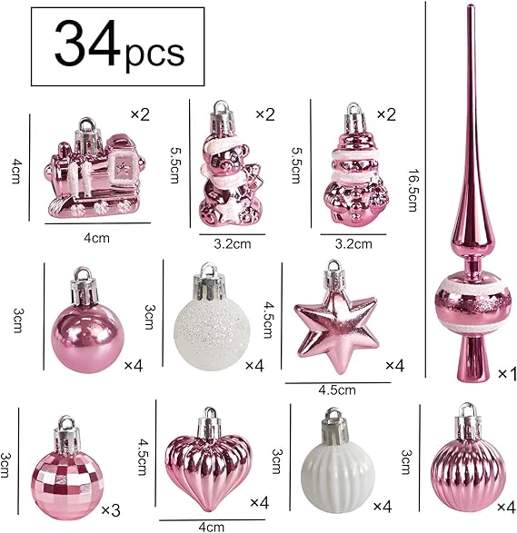 34 Stück Weihnachtskugeln mit Baumspitze Set,Ø3/4.5/5.5cm Kleine Christbaumkugeln Kunststoff Roségold Kugeln Mini Weihnachten Weihnachtsdeko Tischdeko Tannenbaum Weihnachtsbaum Deko Ornamente