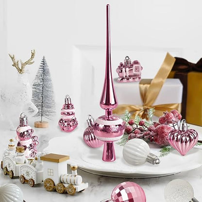 34 Stück Weihnachtskugeln mit Baumspitze Set,Ø3/4.5/5.5cm Kleine Christbaumkugeln Kunststoff Roségold Kugeln Mini Weihnachten Weihnachtsdeko Tischdeko Tannenbaum Weihnachtsbaum Deko Ornamente