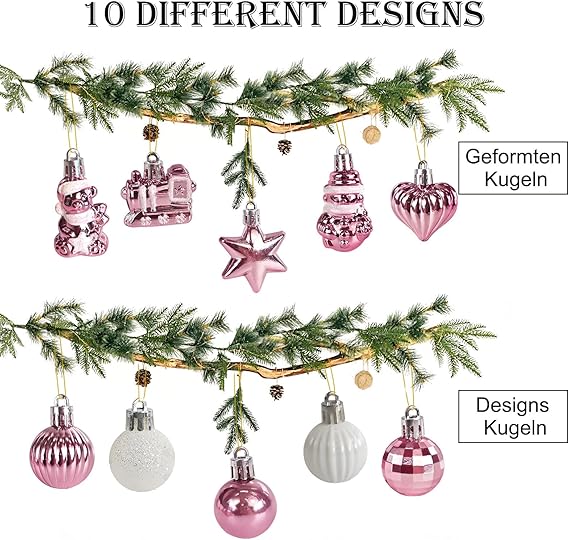 34 Stück Weihnachtskugeln mit Baumspitze Set,Ø3/4.5/5.5cm Kleine Christbaumkugeln Kunststoff Roségold Kugeln Mini Weihnachten Weihnachtsdeko Tischdeko Tannenbaum Weihnachtsbaum Deko Ornamente