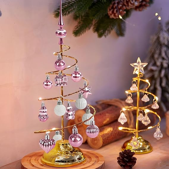 34 Stück Weihnachtskugeln mit Baumspitze Set,Ø3/4.5/5.5cm Kleine Christbaumkugeln Kunststoff Roségold Kugeln Mini Weihnachten Weihnachtsdeko Tischdeko Tannenbaum Weihnachtsbaum Deko Ornamente