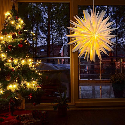 EANLOLY Weihnachtsstern Beleuchtet, Papiersterne Weihnachten, 3D Stern Fenster, Weihnachtsdeko Innen Zum Aufhängen mit Beleuchtung, Leuchtstern Lichterkette,45 cm Ø Weiß