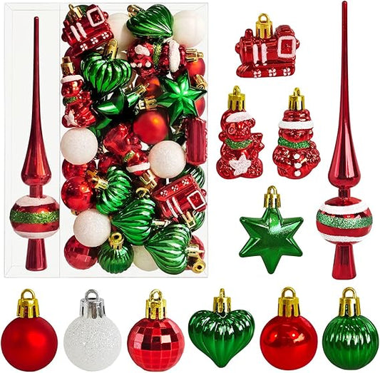 34 Stück Weihnachtskugeln mit Baumspitze Set,Ø3/4.5/5.5cm Kleine Christbaumkugeln Kunststoff Rot Grün Kugeln Mini Weihnachten Weihnachtsdeko Tischdeko Tannenbaum Weihnachtsbaum Deko Ornamente