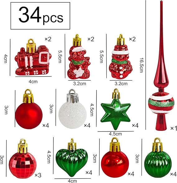 34 Stück Weihnachtskugeln mit Baumspitze Set,Ø3/4.5/5.5cm Kleine Christbaumkugeln Kunststoff Rot Grün Kugeln Mini Weihnachten Weihnachtsdeko Tischdeko Tannenbaum Weihnachtsbaum Deko Ornamente