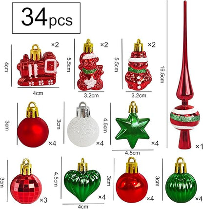 34 Stück Weihnachtskugeln mit Baumspitze Set,Ø3/4.5/5.5cm Kleine Christbaumkugeln Kunststoff Rot Grün Kugeln Mini Weihnachten Weihnachtsdeko Tischdeko Tannenbaum Weihnachtsbaum Deko Ornamente