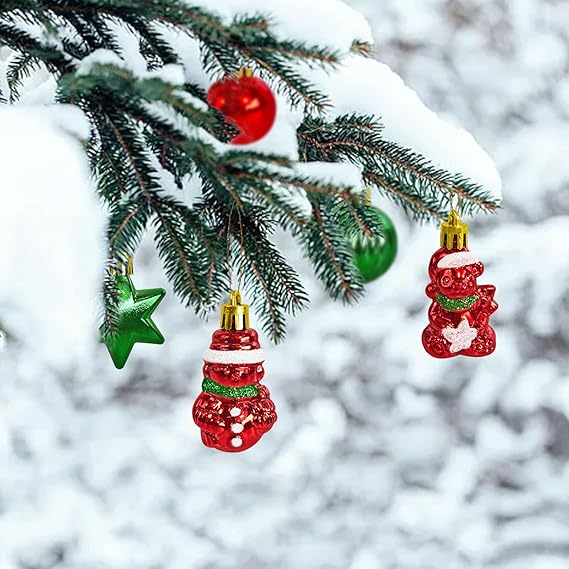 34 Stück Weihnachtskugeln mit Baumspitze Set,Ø3/4.5/5.5cm Kleine Christbaumkugeln Kunststoff Rot Grün Kugeln Mini Weihnachten Weihnachtsdeko Tischdeko Tannenbaum Weihnachtsbaum Deko Ornamente