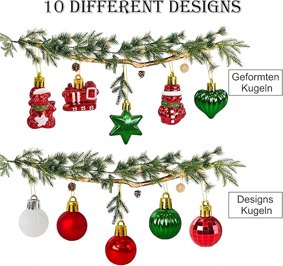 34 Stück Weihnachtskugeln mit Baumspitze Set,Ø3/4.5/5.5cm Kleine Christbaumkugeln Kunststoff Rot Grün Kugeln Mini Weihnachten Weihnachtsdeko Tischdeko Tannenbaum Weihnachtsbaum Deko Ornamente