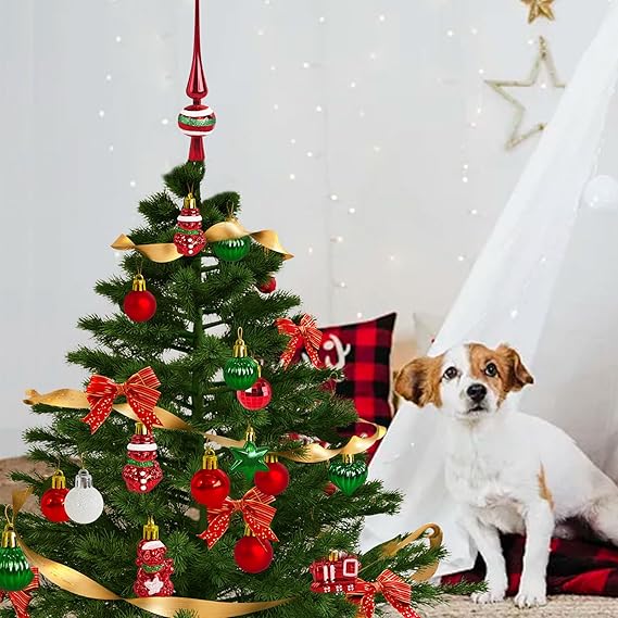 34 Stück Weihnachtskugeln mit Baumspitze Set,Ø3/4.5/5.5cm Kleine Christbaumkugeln Kunststoff Rot Grün Kugeln Mini Weihnachten Weihnachtsdeko Tischdeko Tannenbaum Weihnachtsbaum Deko Ornamente