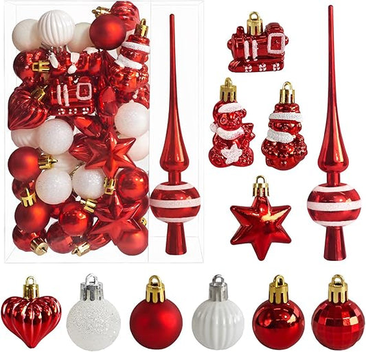 34 Stück Weihnachtskugeln mit Baumspitze Set,Ø3/4.5/5.5cm Kleine Christbaumkugeln Kunststoff Rot Weiß Kugeln Mini Weihnachten Weihnachtsdeko Tischdeko Tannenbaum Weihnachtsbaum Deko Ornamente