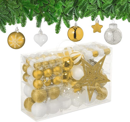 Relaxdays Weihnachtskugeln 101er Set, Kunststoff, Weihnachtsbaumdeko mit Kugeln & Spitze, Christbaumschmuck, Gold/weiß