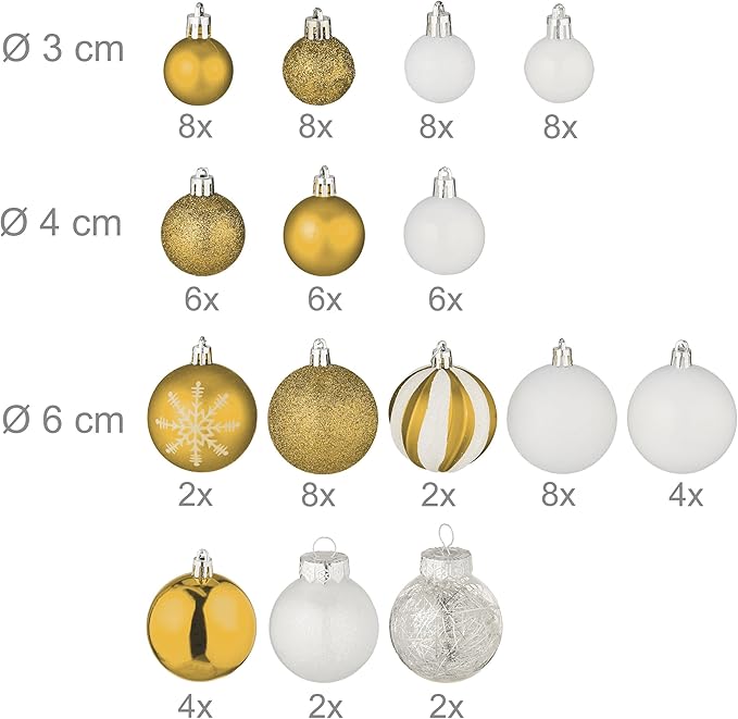 Relaxdays Weihnachtskugeln 101er Set, Kunststoff, Weihnachtsbaumdeko mit Kugeln & Spitze, Christbaumschmuck, Gold/weiß