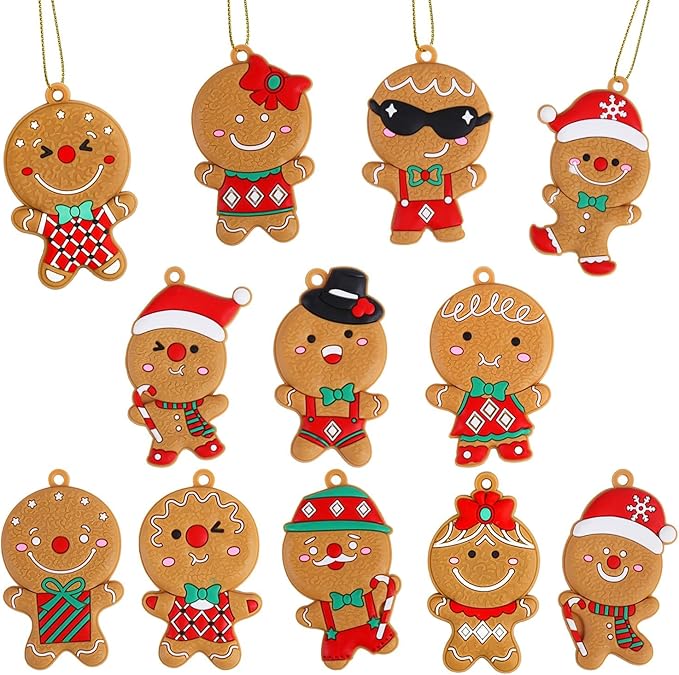 SULOLI 12 Stück Weihnachtsbaumschmuck zum Aufhängen,Weihnachtsdekoration,PVC-Lebkuchenmann,Schneemann,Weihnachtsbaum,Lebkuchenhaus,Engel für Weihnachtsbaum Zimmer Party (1, Rund)