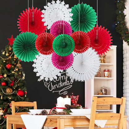 Easy Joy Weihnachten Dekoration Papier Fächer 12 Stück Rot Weiß Grün Weihnachtsbaum Hängender Papier Fächer für Weihnachtsdeko Neujahr Heiligabend Hochzeit Geburtstag Tischdeko