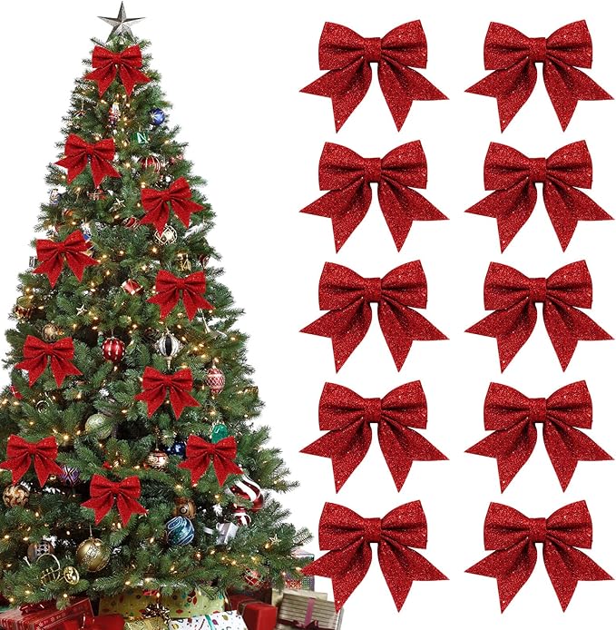 Shining She 10 Stück Rote Schleifen Weihnachten Glitzer Weihnachtsbaum Schleifen Weihnachtsbaumschmuck für Familienfeiern Party Dekoration für Weihnachten Urlaub Hochzeit Feierlichkeiten