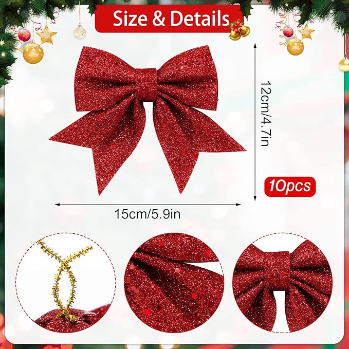 Shining She 10 Stück Rote Schleifen Weihnachten Glitzer Weihnachtsbaum Schleifen Weihnachtsbaumschmuck für Familienfeiern Party Dekoration für Weihnachten Urlaub Hochzeit Feierlichkeiten