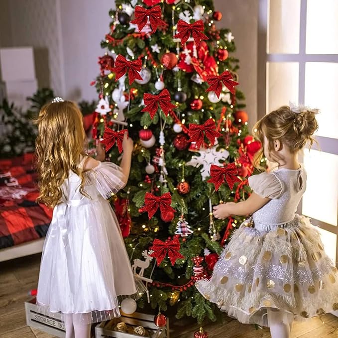 Shining She 10 Stück Rote Schleifen Weihnachten Glitzer Weihnachtsbaum Schleifen Weihnachtsbaumschmuck für Familienfeiern Party Dekoration für Weihnachten Urlaub Hochzeit Feierlichkeiten