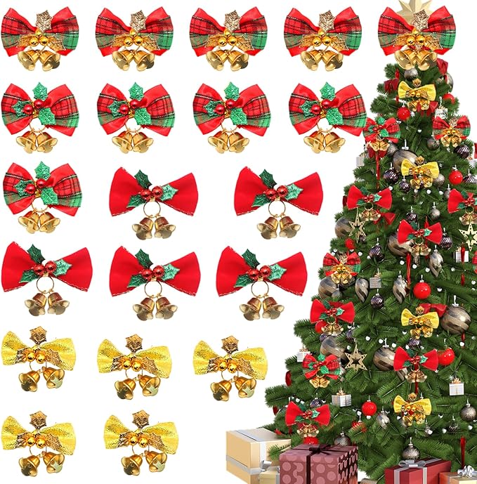 Weihnachtskranz Schleifen,20pcs Weihnachtsdeko Schleifen Weihnachtsschleife mit Glöckchen Rote Deko Tannenbaum Weihnachts Schleifen zum Basteln Für Urlaub Geburtstag Party Weihnachtsbaum Dekoration