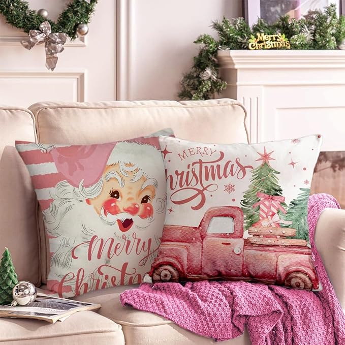 Weihnachtskissen Kissenbezug Weihnachten Kissenbezug Weihnachtsdeko Innen Rentier Deko Weihnachtskissenbezug Winter 4 Stück Decoration Leinen Kissenhülle Weihnachten (A-Rosa romantisch)