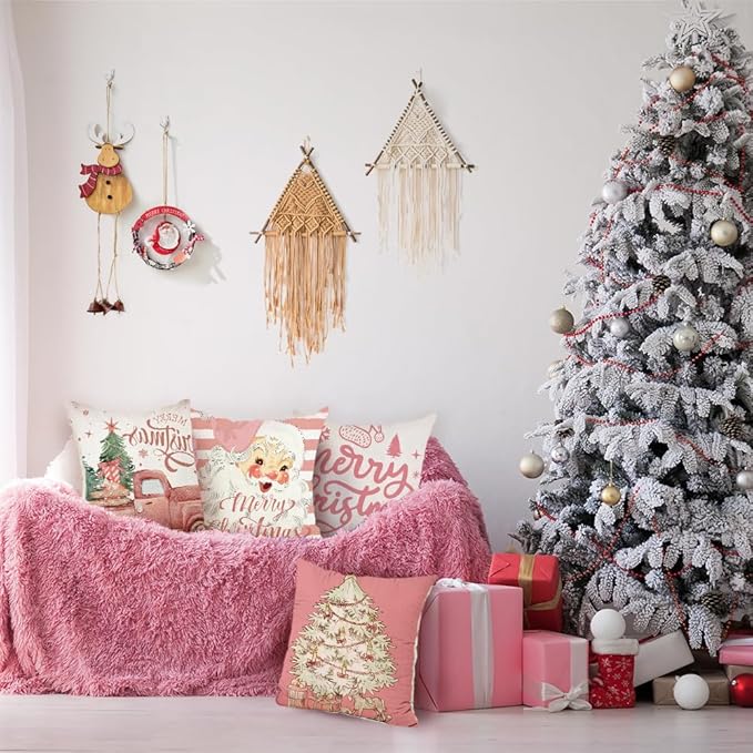 Weihnachtskissen Kissenbezug Weihnachten Kissenbezug Weihnachtsdeko Innen Rentier Deko Weihnachtskissenbezug Winter 4 Stück Decoration Leinen Kissenhülle Weihnachten (A-Rosa romantisch)