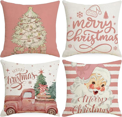 Weihnachtskissen Kissenbezug Weihnachten Kissenbezug Weihnachtsdeko Innen Rentier Deko Weihnachtskissenbezug Winter 4 Stück Decoration Leinen Kissenhülle Weihnachten (A-Rosa romantisch)