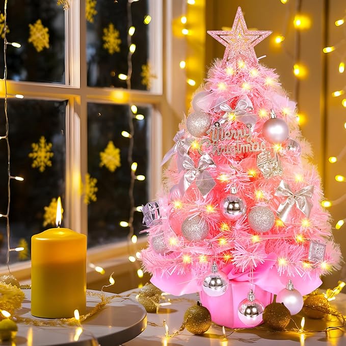 POWLYB Mini Weihnachtsbaum Rosa 50cm, Weihnachtsbaum Klein mit Beleuchtung DIY Tannenbaum Tisch Weihnachtsbaum, Weihnachten Dekoration für Home Office Shop Desktop Marke: POWLYB