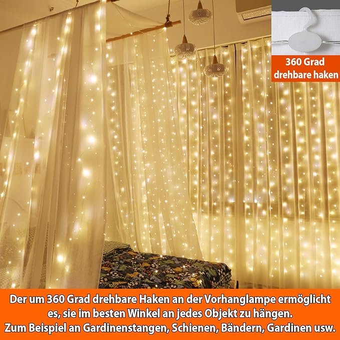 HXWEIYE 300LED Lichtervorhang Warmweiß, 3mx3m Lichterkettenvorhang USB 8 Modi LED Lichterkette mit 12 Haken Fernbedienung Timer verstellbare Helligkeit für Weihnachten Party Innen und außen Deko [Energieklasse G]