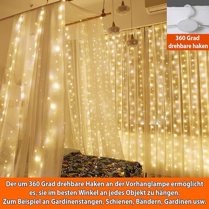 HXWEIYE 300LED Lichtervorhang Warmweiß, 3mx3m Lichterkettenvorhang USB 8 Modi LED Lichterkette mit 12 Haken Fernbedienung Timer verstellbare Helligkeit für Weihnachten Party Innen und außen Deko [Energieklasse G]