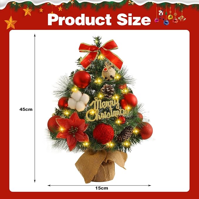 Gohytal Mini Weihnachtsbaum, Künstlicher Weihnachtsbaum 45cm, Kleiner Weihnachtsbaum mit Beleuchtung, Künstliche Mini Weihnachtsbaum Deko Tannenbaum für Haus, Tisch, Wohnzimmer Weihnachten Deko (Rot)