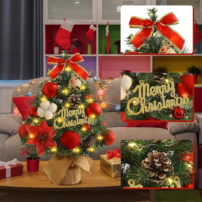 Gohytal Mini Weihnachtsbaum, Künstlicher Weihnachtsbaum 45cm, Kleiner Weihnachtsbaum mit Beleuchtung, Künstliche Mini Weihnachtsbaum Deko Tannenbaum für Haus, Tisch, Wohnzimmer Weihnachten Deko (Rot)