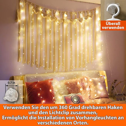 HXWEIYE 300LED Lichtervorhang Warmweiß, 3mx3m Lichterkettenvorhang USB 8 Modi LED Lichterkette mit 12 Haken Fernbedienung Timer verstellbare Helligkeit für Weihnachten Party Innen und außen Deko [Energieklasse G]