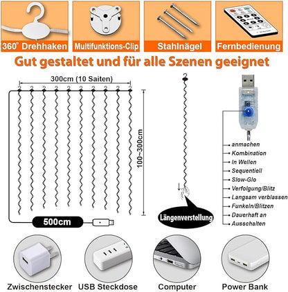 HXWEIYE 300LED Lichtervorhang Warmweiß, 3mx3m Lichterkettenvorhang USB 8 Modi LED Lichterkette mit 12 Haken Fernbedienung Timer verstellbare Helligkeit für Weihnachten Party Innen und außen Deko [Energieklasse G]