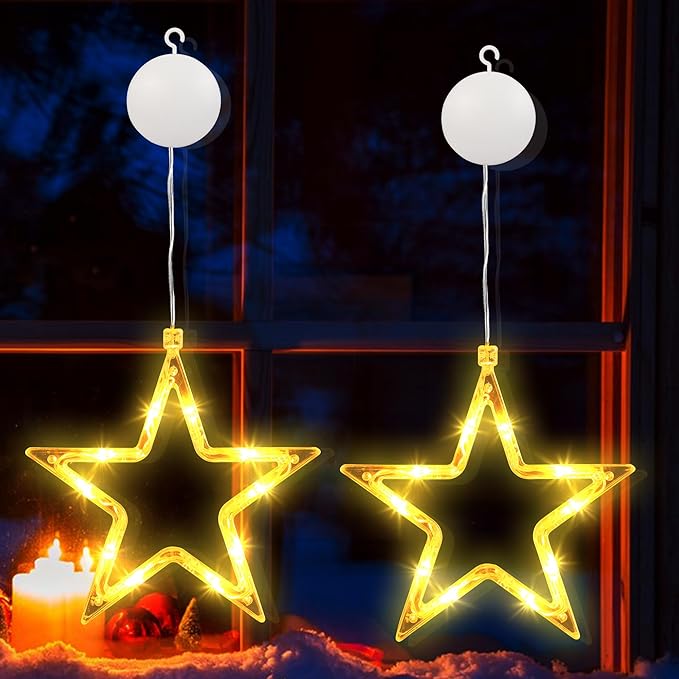 BrizLabs Weihnachtsdeko Fenster Lichter, 2 Stück 10 LED Sterne Weihnachtsbeleuchtung Batterie Innen Weihnachtsstern Lichterkette mit Timer Saugnäpfe für Aussen Balkon Tür Party Hochzeit Deko, Warmweiß