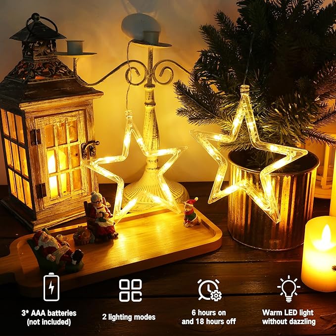 BrizLabs Weihnachtsdeko Fenster Lichter, 2 Stück 10 LED Sterne Weihnachtsbeleuchtung Batterie Innen Weihnachtsstern Lichterkette mit Timer Saugnäpfe für Aussen Balkon Tür Party Hochzeit Deko, Warmweiß