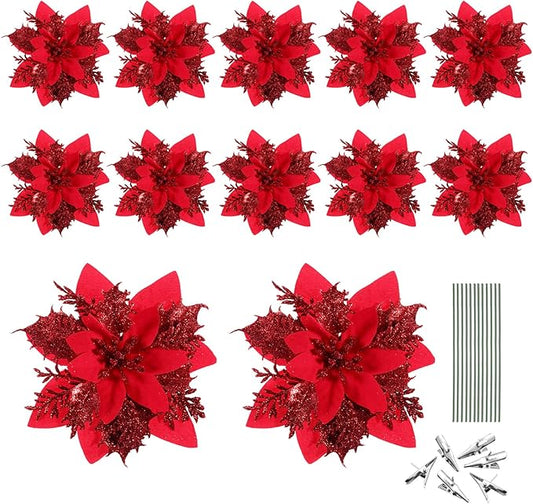 Toyvian Weihnachten Glitter Künstliche Weihnachtsstern Blumen- Muster 12Pcs Weihnachten Baum Blumen- Muster Ornamente Xmas Party Dekoration mit 12Pcs Vorbauten Und Clips (Rot)