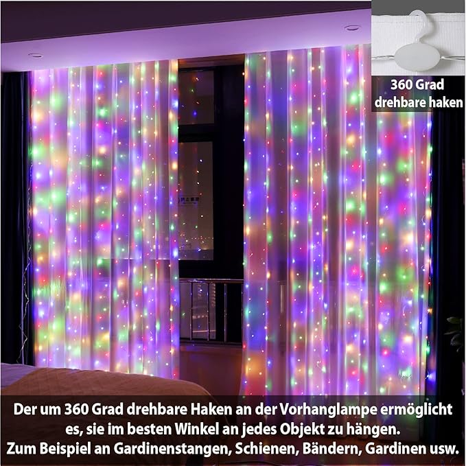 HXWEIYE 300LED Lichtervorhang Warmweiß, 3mx3m Lichterkettenvorhang USB 8 Modi LED Lichterkette mit 12 Haken Fernbedienung Timer verstellbare Helligkeit für Weihnachten Party Innen und außen Deko [Energieklasse G]