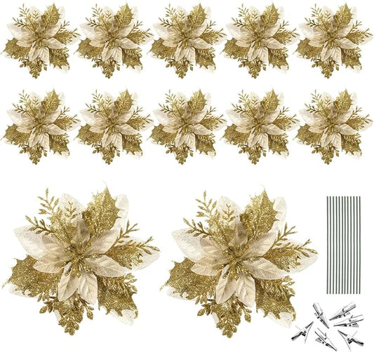 Weihnachten Glitter Künstliche Weihnachtsstern Blumen- Muster 12Pcs Weihnachten Baum Blumen- Muster Ornamente Xmas Party Dekoration mit 12Pcs Vorbauten Und Clips (Gold)