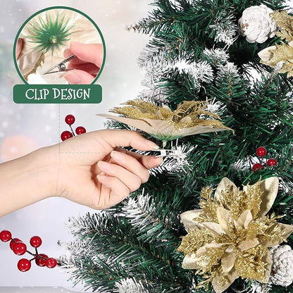 Weihnachten Glitter Künstliche Weihnachtsstern Blumen- Muster 12Pcs Weihnachten Baum Blumen- Muster Ornamente Xmas Party Dekoration mit 12Pcs Vorbauten Und Clips (Gold)