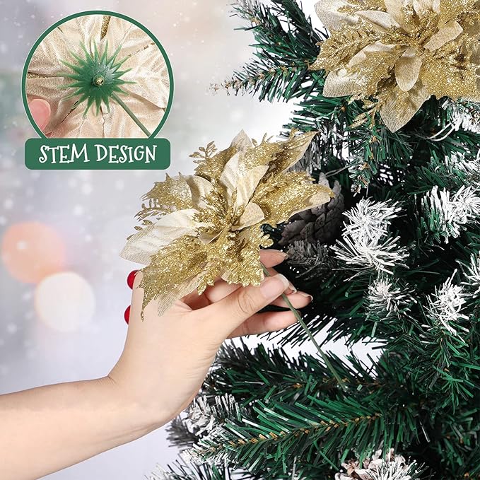 Weihnachten Glitter Künstliche Weihnachtsstern Blumen- Muster 12Pcs Weihnachten Baum Blumen- Muster Ornamente Xmas Party Dekoration mit 12Pcs Vorbauten Und Clips (Gold)