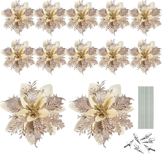 Toyvian Weihnachten Glitter Künstliche Weihnachtsstern Blumen- Muster 12Pcs Weihnachten Baum Blumen- Muster Ornamente Xmas Party Dekoration mit 12Pcs Vorbauten Und Clips (Licht Gold)