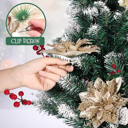 Toyvian Weihnachten Glitter Künstliche Weihnachtsstern Blumen- Muster 12Pcs Weihnachten Baum Blumen- Muster Ornamente Xmas Party Dekoration mit 12Pcs Vorbauten Und Clips (Licht Gold)