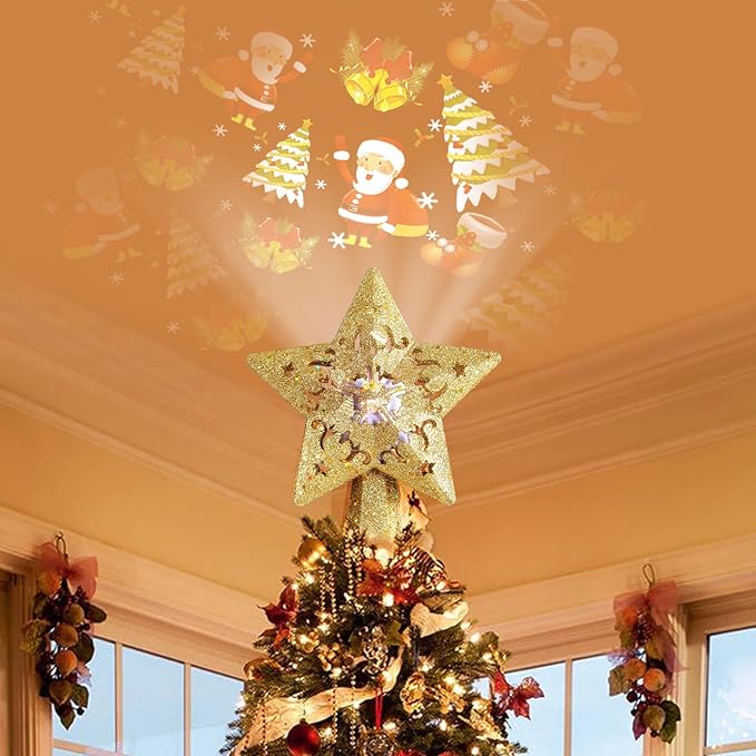 Weihnachtsbaum Topper beleuchtet Stern Baumspitze mit rotierenden Santa Projektor Lichter 3D Glitter Hollow Gold Star Tree Topper für Weihnachtsbaum Dekorationen (Gold)