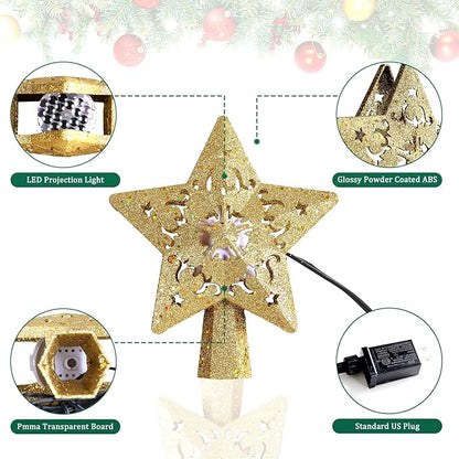 Weihnachtsbaum Topper beleuchtet Stern Baumspitze mit rotierenden Santa Projektor Lichter 3D Glitter Hollow Gold Star Tree Topper für Weihnachtsbaum Dekorationen (Gold)