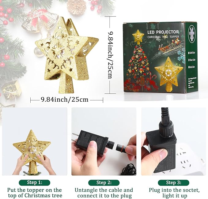 Weihnachtsbaum Topper beleuchtet Stern Baumspitze mit rotierenden Santa Projektor Lichter 3D Glitter Hollow Gold Star Tree Topper für Weihnachtsbaum Dekorationen (Gold)