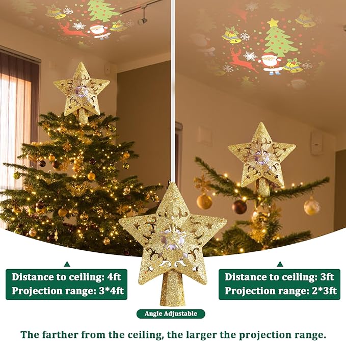 Weihnachtsbaum Topper Stern Weihnachtsbaum Topper beleuchtet mit 3D Glitter Gold Star Weihnachtsbaum Topper Plug in Weihnachtsprojektor Lichter für Weihnachtsbaumschmuck (Gold)