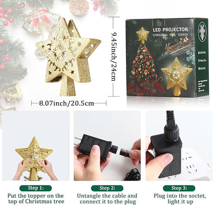 Weihnachtsbaum Topper Stern Weihnachtsbaum Topper beleuchtet mit 3D Glitter Gold Star Weihnachtsbaum Topper Plug in Weihnachtsprojektor Lichter für Weihnachtsbaumschmuck (Gold)